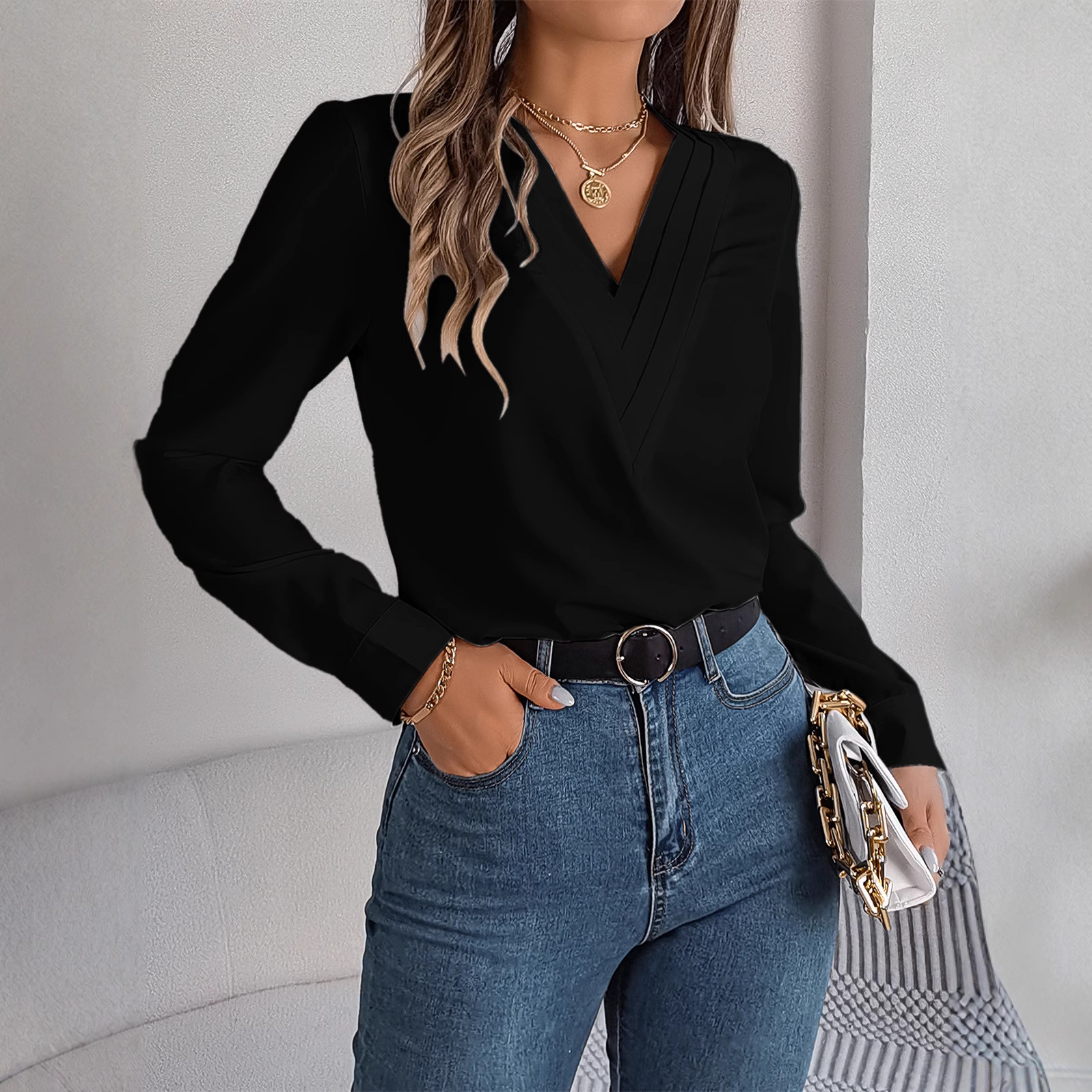 Long Sleeve Shirt Womens 2025 Autumn and Winter New V Neck Top