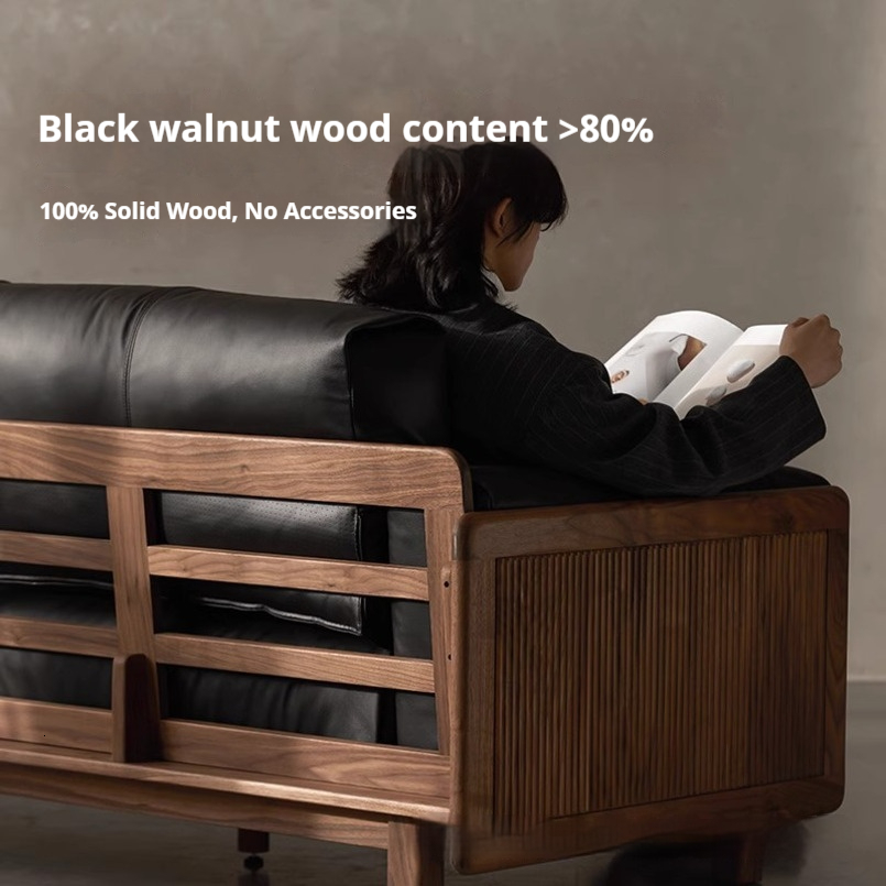 Black Walnut Sofa Full Solid Wood Genuine Leather Modern Simple Three-Seater Living Room Small Apartment Home Down Filling