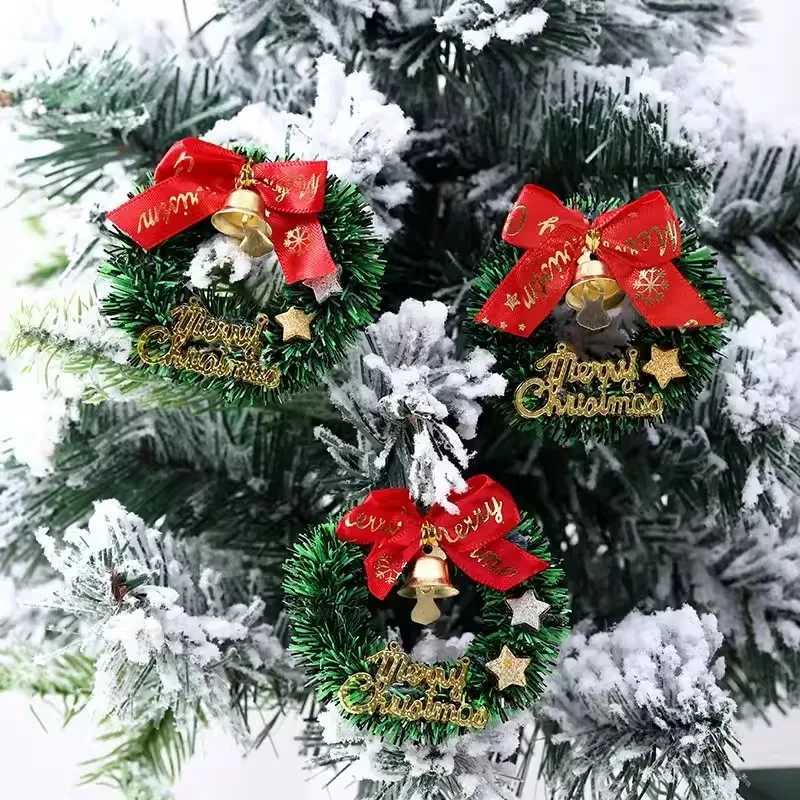 10Pack Mini Christmas Wreaths with Red Bows and Golden Bells Plastic Festive Artificial Craft Tree Ornaments C251024