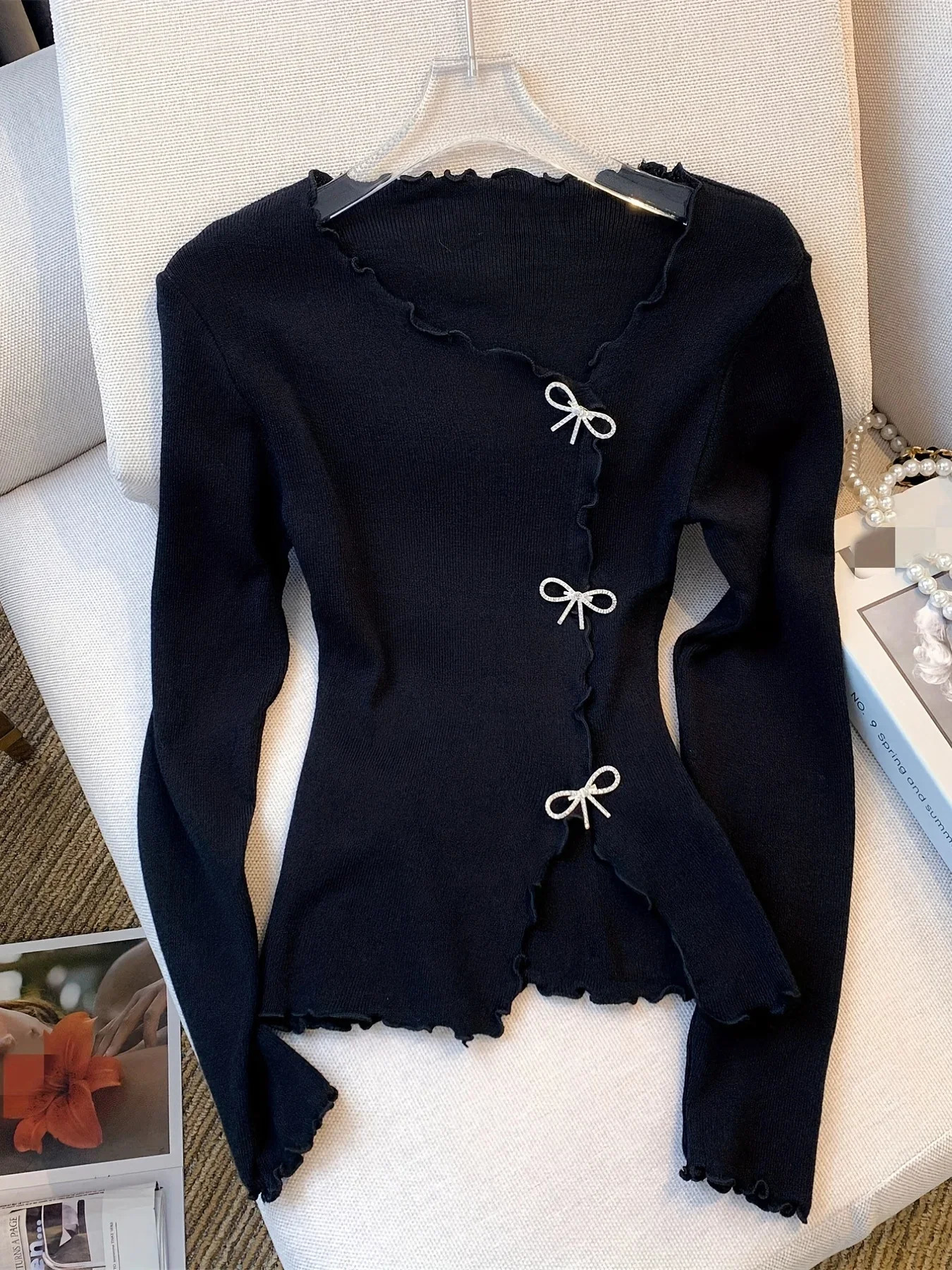 2026 BlackWhite Solid Lettuce Trim Bowknot Pullover Sweater Y2K Casual Long Sleeve Sweater For Spring Fall Womens Clothing 251020
