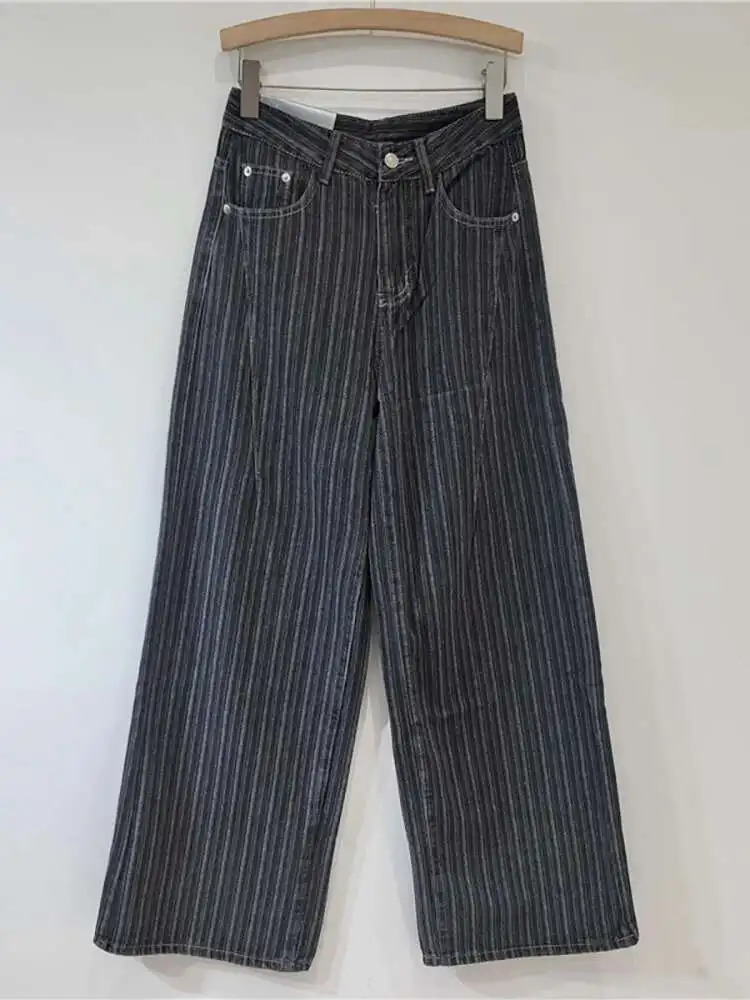 DEAT Womens Jeans High Waist Washed Striped Loose Straight Wide Leg Vintage Casual Denim Pants 2025 Summer Fashion 29L8450 251023
