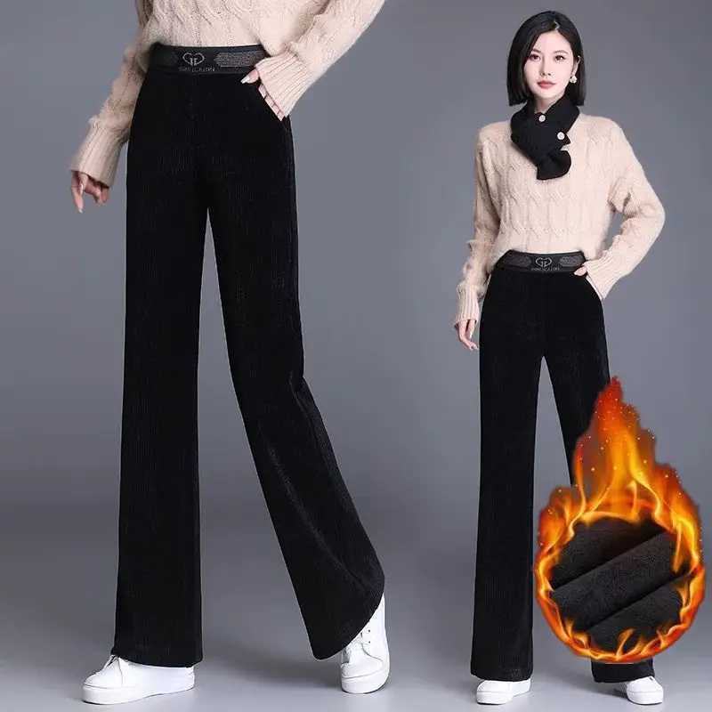 Korean New Women Corduroy Fleece Pants Autumn Winter Fashion Casual High Waist Solid Loose Thicken Vintage Straight TrousersT251025