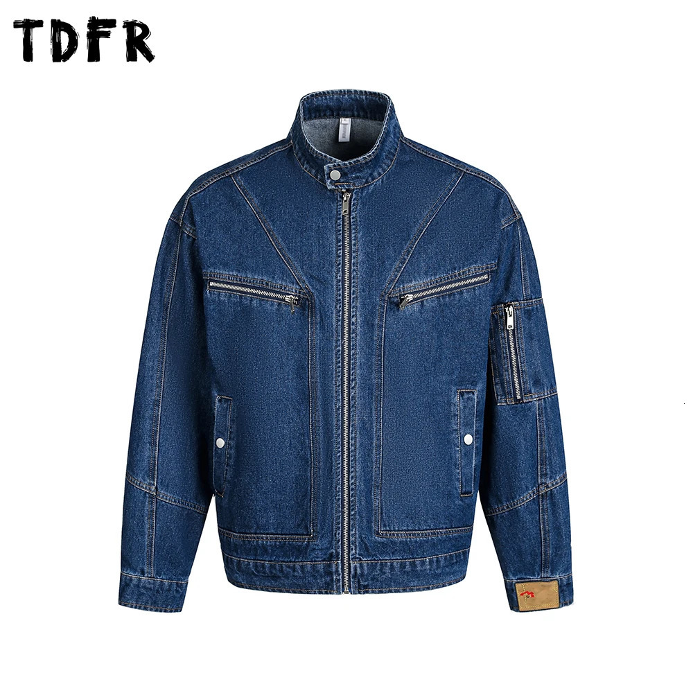 Zipper Decoration Denim Jacket Mens Spliced Retro Washed Distressed Stand Collar Long Sleeve Loose Jeans Man 251017