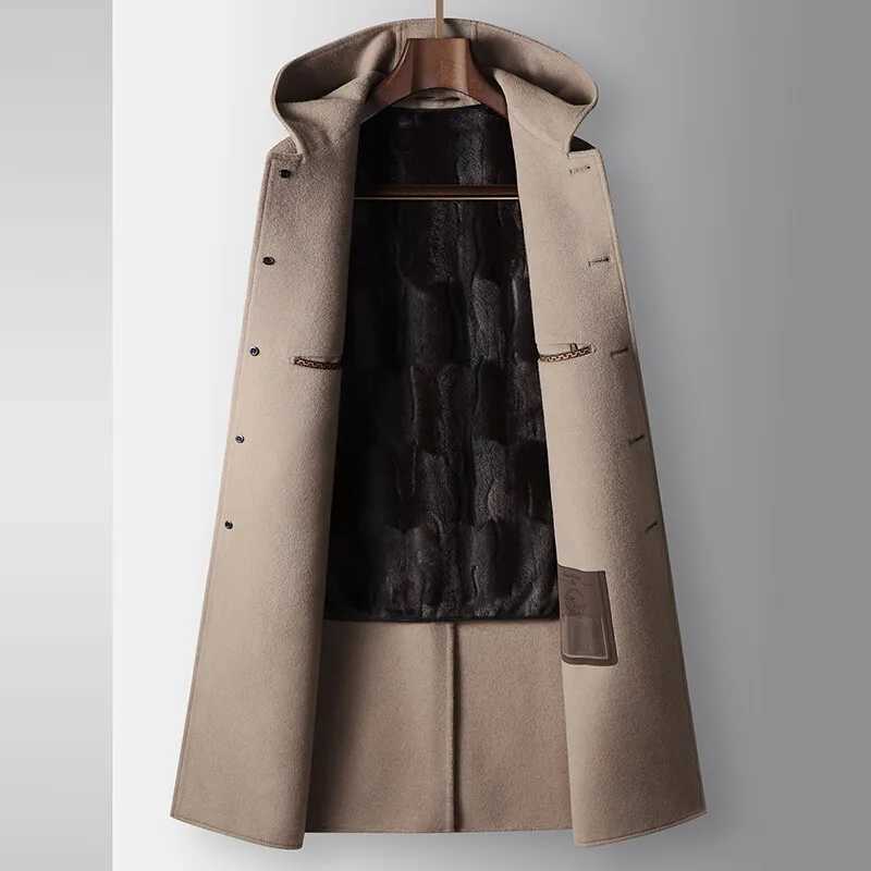 2024 Winter New Mens Hoodie Medium Long Woolen Coat Rabbit Plush Thick Warm Casual Coat High end Fabric 100 Pure WoolT251025