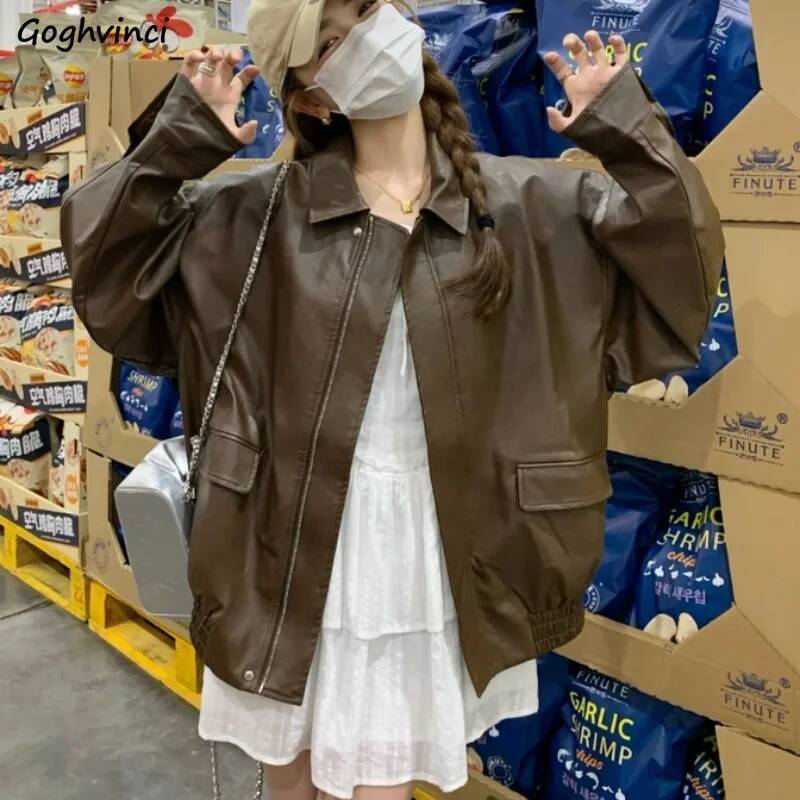 American Retro Solid Pu Jackets Women Autumn Sweet Cool Tops PU Baggy Cozy Turn-down Collar Zipper Fashion Stylish Temperament dongdumaoyi