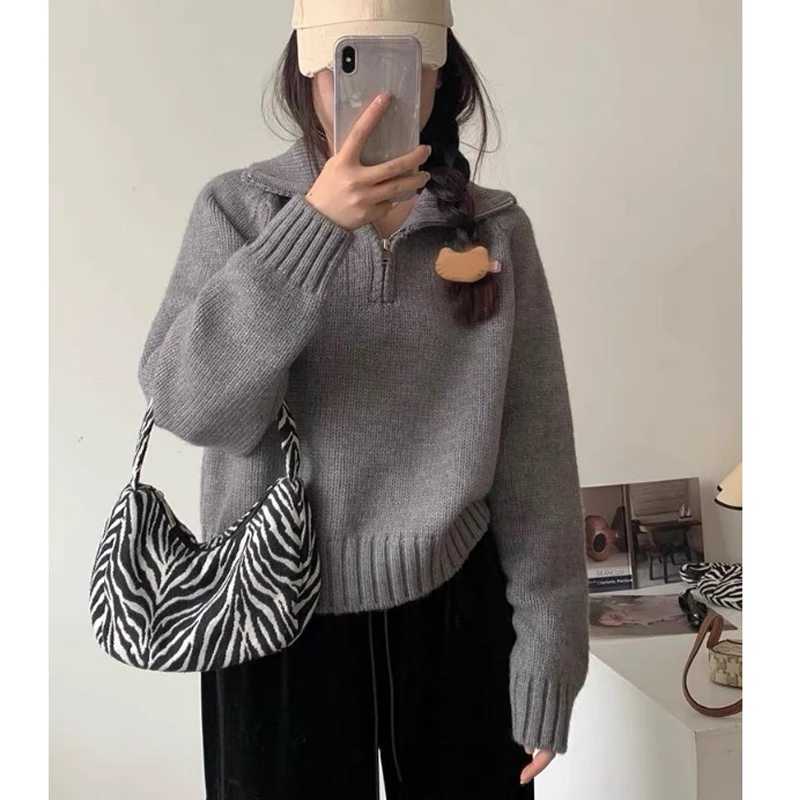 Autumn Winter Long Sleeved Half Zipper Pullover Sweater Turtleneck Sweet Lapel Loose Tops Casual Knitted Elegant Korean JumperT251025