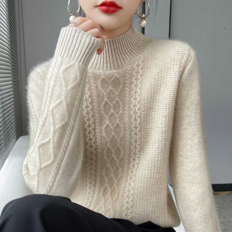 New Spring Knitted Pullovers Half High Collar Loose Thick Warm Sweater For Women Vintage Autumn Winter Mother Bottoming TopT251025