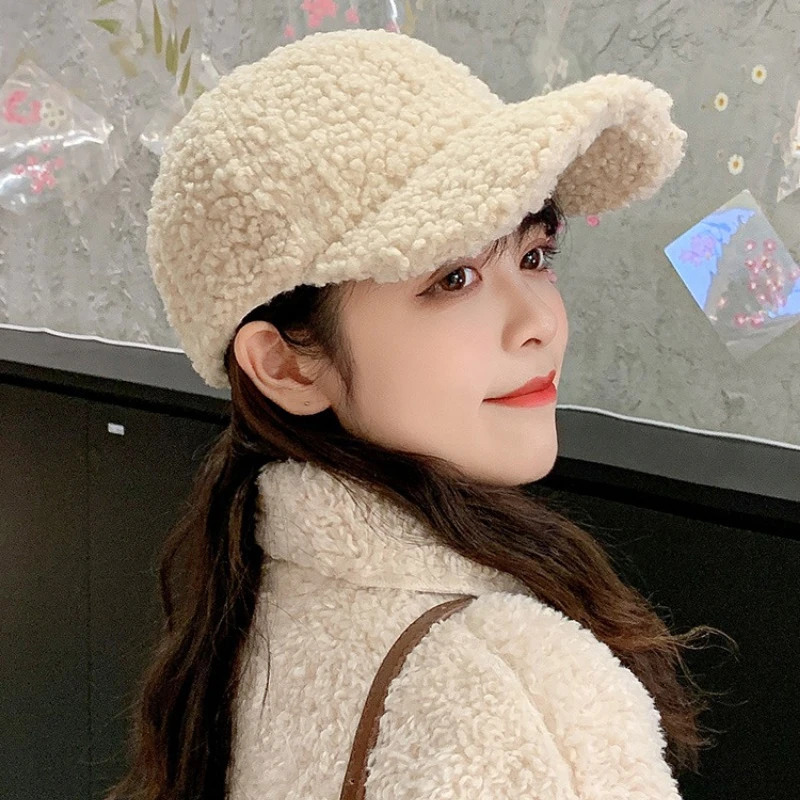Lamb Wool Cap Women Baseball Cap Autumn Winter Warm Hat Lady Girls Outdoor Warm Winter Spring Plush Fuzzy Men Caps Hat 251023