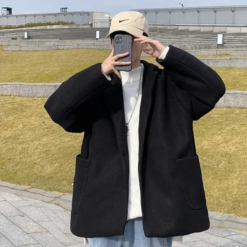 Blends for Men Harajuku Winter Thicker Students Korean Style Couples Outwear Allmatch High Street Coats Baggy CasualT251025
