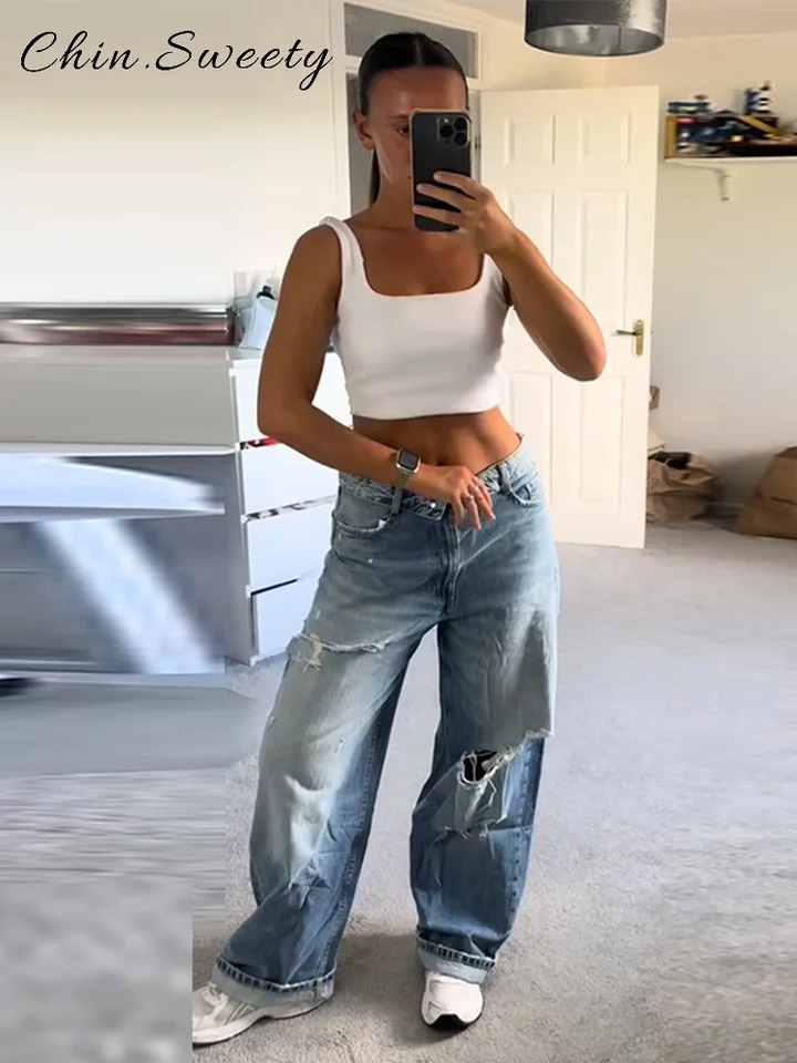 Chic Womens Ripped Pockets Denim Trousers Loose Low Waist Zipper Wide Leg Jeans Female Autumn High Street Casual Pants 251024