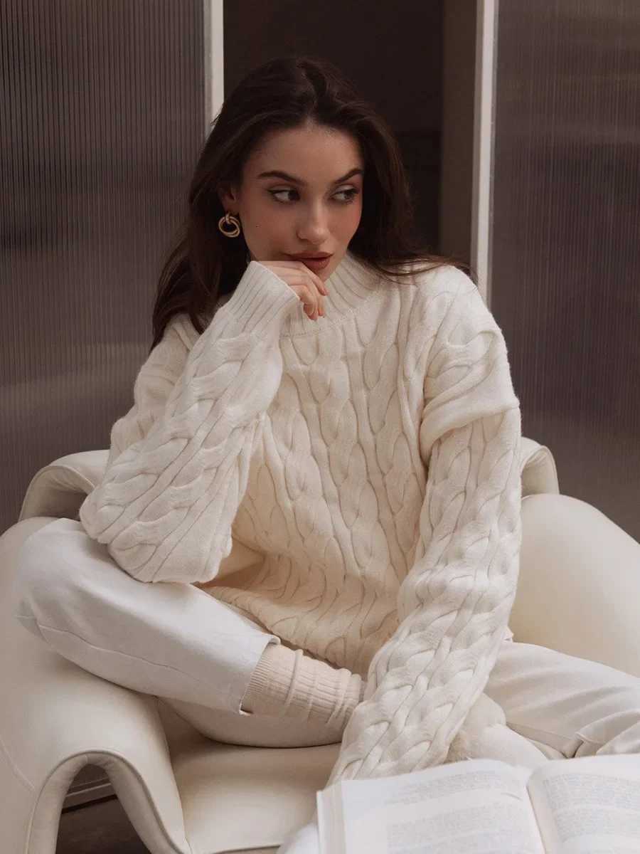 Blubelle Womens Autumn Winter Turtleneck Cable Knit Sweater Lazy Loose Fit Long Sleeve Casual PulloversT251025