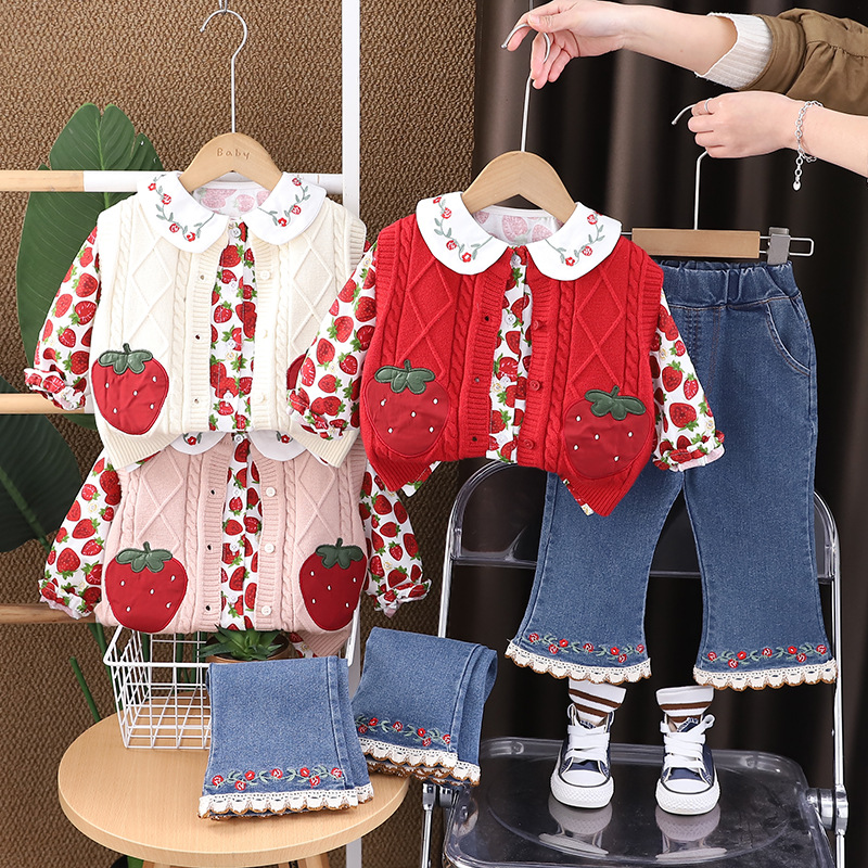 Free Shipping 2025 Girls Spring Outfit Set Strawberry Print Sweater Three-Piece Set Cute Baby Toddler Clothes Spring Fashion