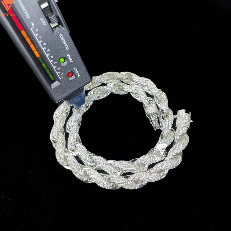 10MM White Gold Plated 925 Silver Iced VVS Moissanite Hip Hop Rope Chain Necklace Popular Fashion Jewelry for Men