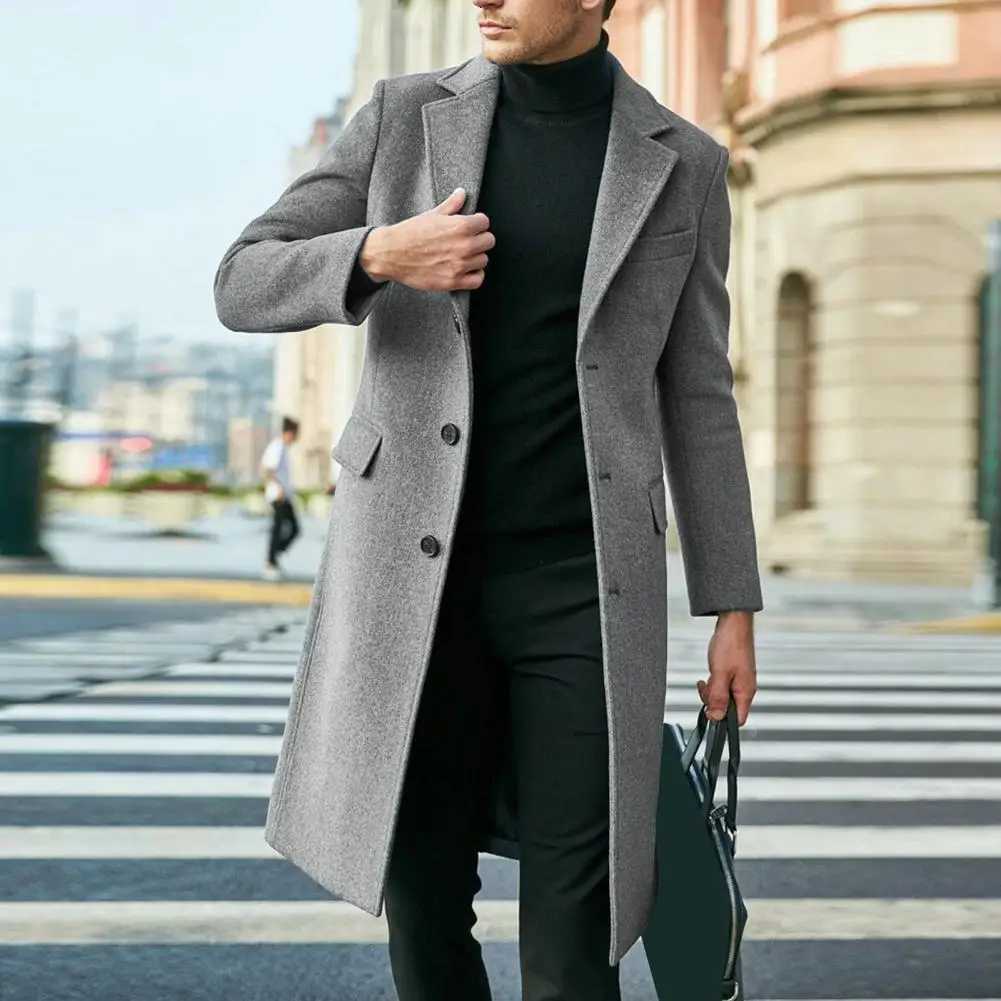 Threebutton Coat Stylish Mens British Style Long Coat Warm Solid Color Windbreaker with Turndown Collar SinglebreastedT251025