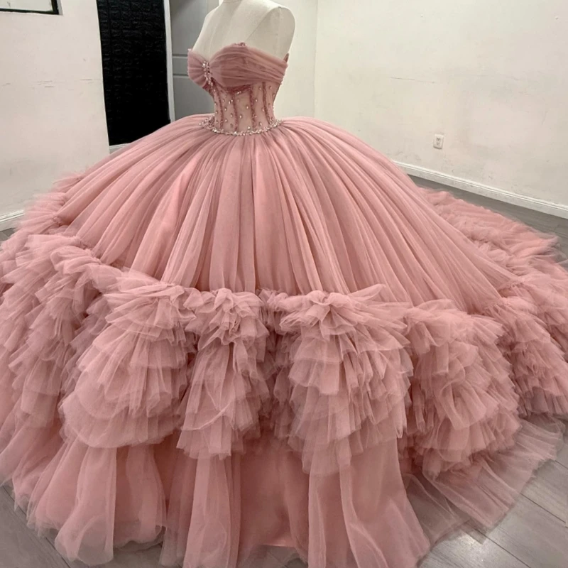 Pink Quinceanera Dresses Ball Gown Off The Shoulder Beading Crystal Corset Tiered Tull Party Birthday Sweet 16 Dress Vestidos 15