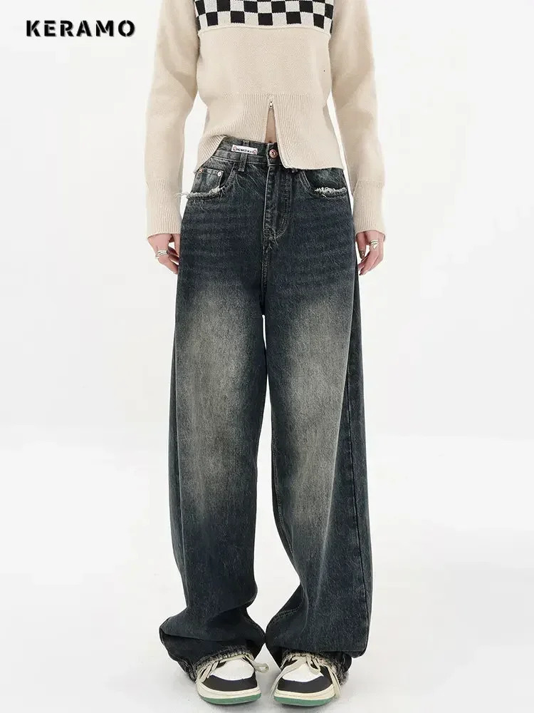 Harajuku Streetwear Retro Fashion Autumn Women High Waist Jeans Loose Wide Leg Straight Loose Denim Trousers Y2K Baggy Pants 251023