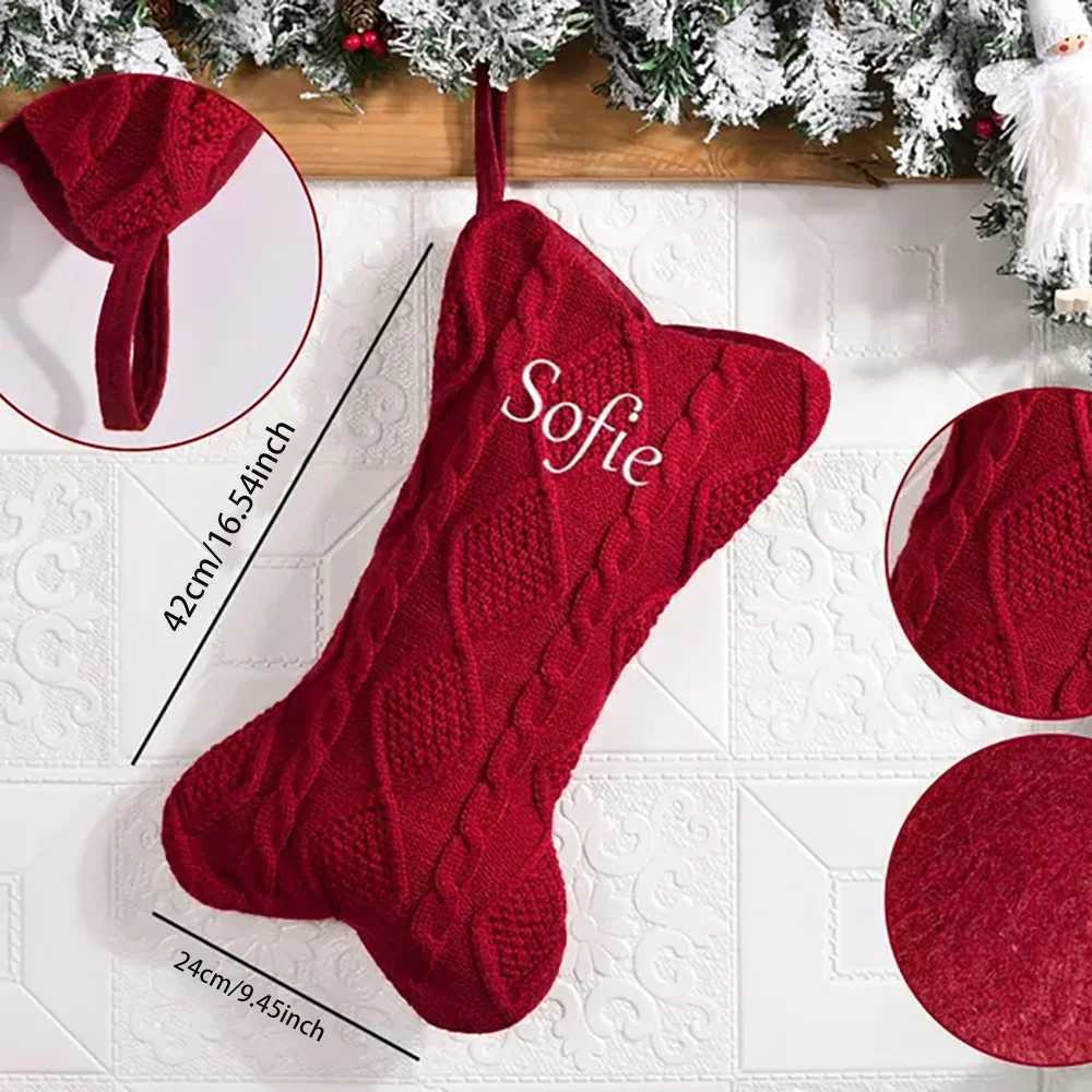 Custom Bone Christmas Stocking Dog Bone Knitted Christmas Stocking with Name Bone Holiday Stocking for Dog Santa Sack Kid Gift C251024
