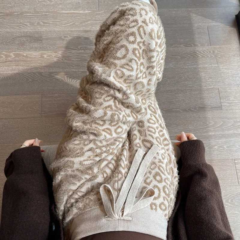 2026 Mink Fur Leopard Print Knitted Wide Leg Pants Women Fleece High Waist Straight Long Pants Thickened Soft Waxy Wool TrousersT251025