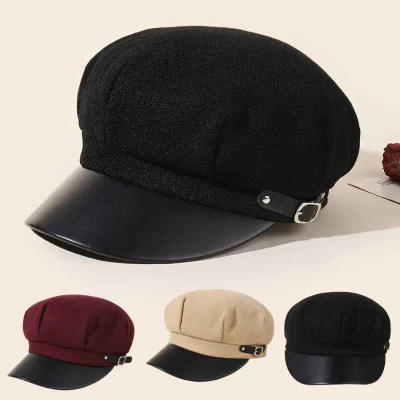 Vintage Beret Newsboy Hat Y2K Autumn Winter Hat Beret Octagonal C Black Leather Buckle Hat Woolen Beret Painter Artist Hat Y251025
