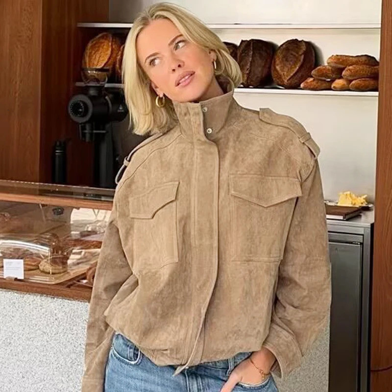 HXAO Leather Jacket Women Autumn Oversized Bomber Jacket In Coats Jackets Stand Collar Long Sleeve Tops Fashion Outerwears 251020