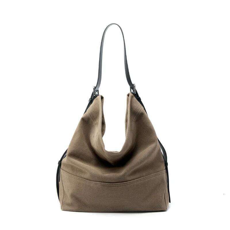 Women's Cowhide Canvas Underarm Commuter Style Bucket Tote Bag Niche Design Single-Shoulder Large-Capacity Travel Handbags 251023 1025