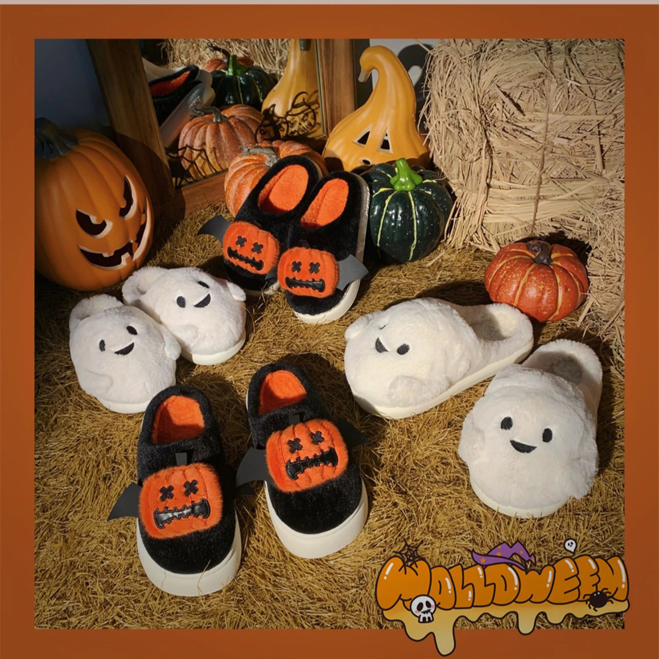 Halloween Ghost Pumpkin Bat Women Winter Slippers Casual Soft Heel Platform Fur Warm Indoor Comfortable Man Home Slippers251020