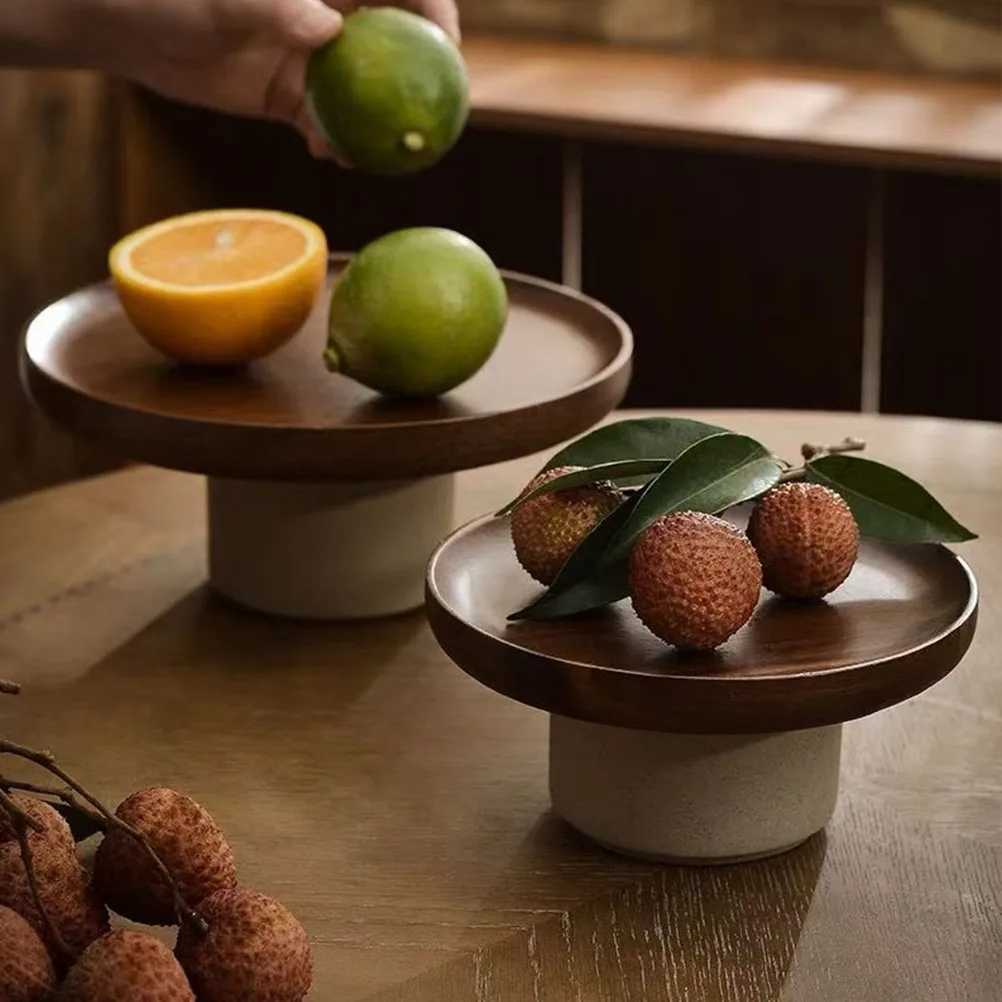 Japanese Cake Fruit Tray Wood Egg Tray Dessert Storages Shelf Ceramic Tall Footed Snack Decorative Tray Kitchen Accessories Y251025