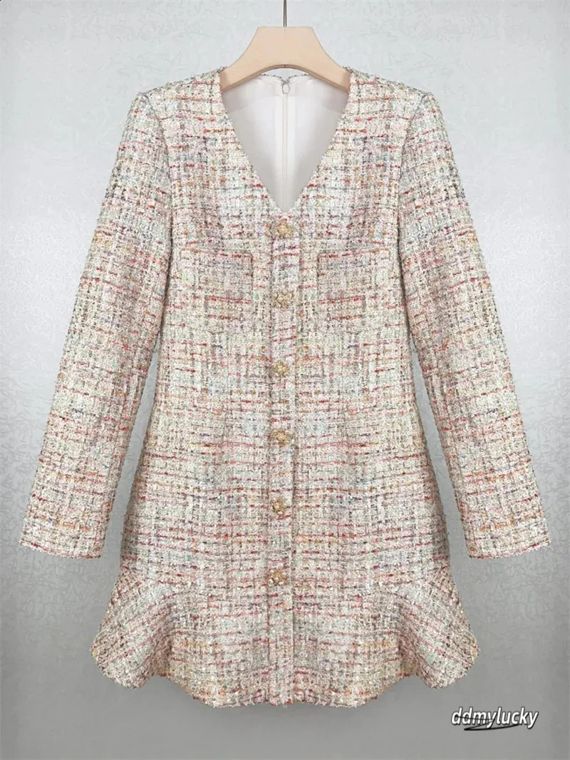 Dresses Women, Women's Tweed Mini - Elegant V-Neck Long Sleeve A-Line Ruffle Hem Short Dress For Autumn Fashion Ddmylucky