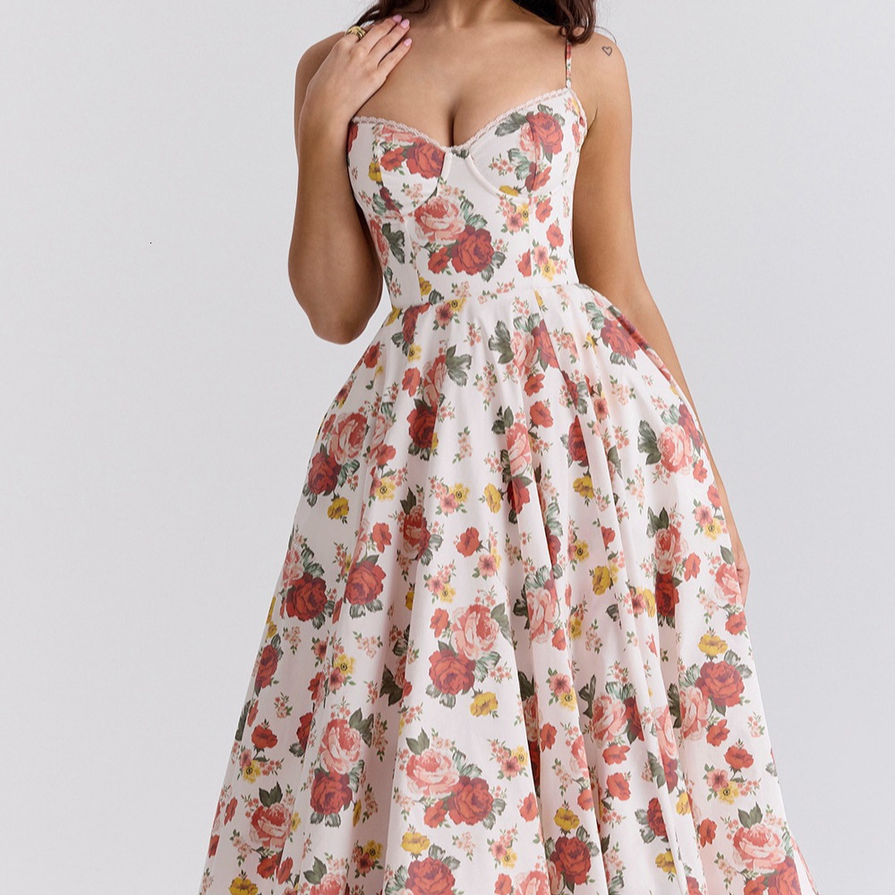New women's designer lace up waist princess puff dress, new floral dress, summer women's high-end feeling