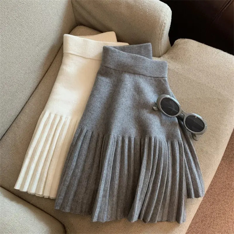 Pleated Mini Skirts Korean Sweet Knitted Skirts Sweet Elastic Waist Ladies Casual Youthful For Womens Clothes Solid Fashion 251013