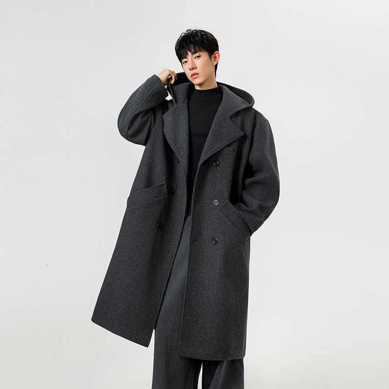 Trench men 2025 new autumn winter men imitation wool fabric hooded wool overcoat suit collar double breasted mid long lengthT251025