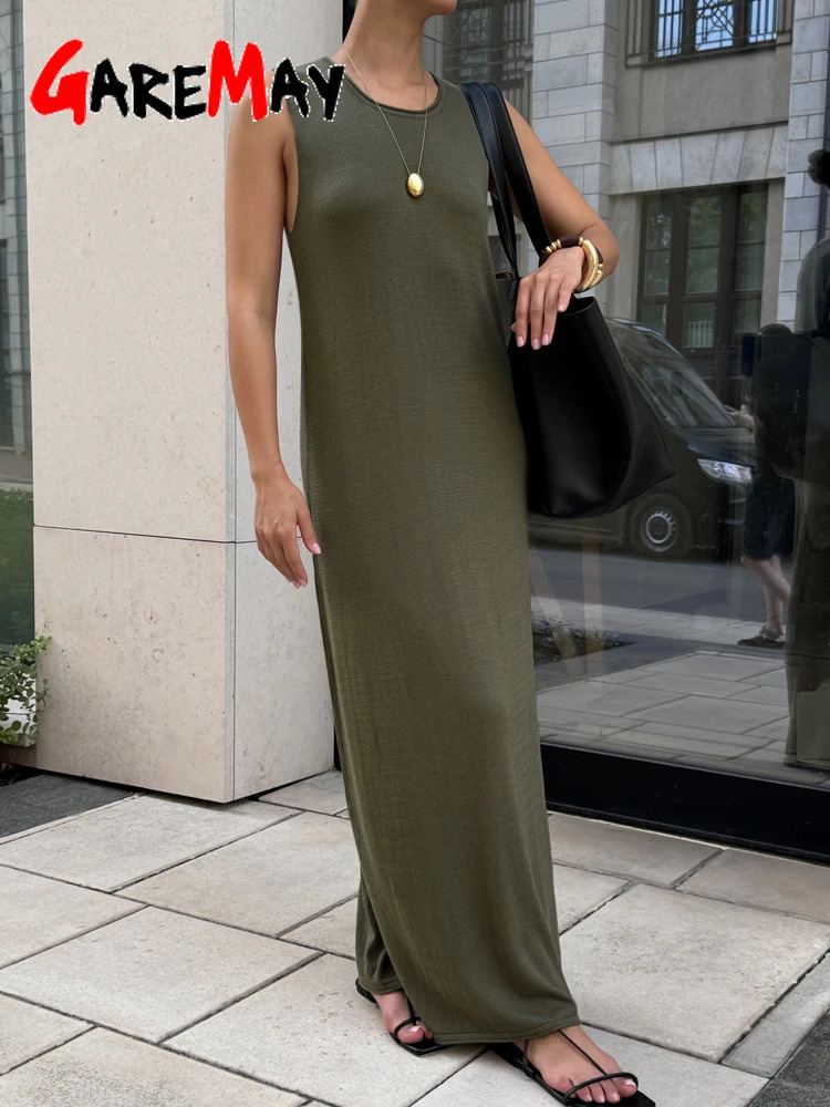 Noodle Womens Summer Knitted Dress Sleeveless Soild Long Elegant Brown Dress O Neck Casual Vintage Midi Ribbed Knit Dress 251023