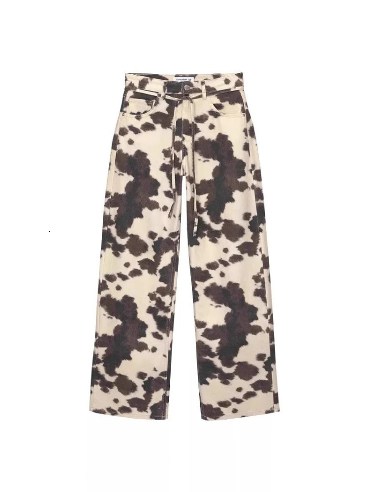 HOUZHOU Vintage Cow Print Jeans Women Y2k Baggy Hip Hop Washed Denim Trousers Grunge Retro Streetwear Wide Leg Jeans Aesthetic 251023