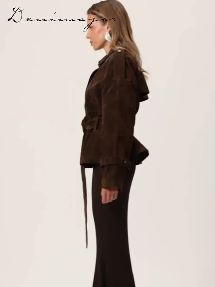Vintage Lace Up Brown Suede Jacket Women Belt Loose Lapel Single Breasted Full Sleeve Jacket Autumn Lady Street Outwear 251020