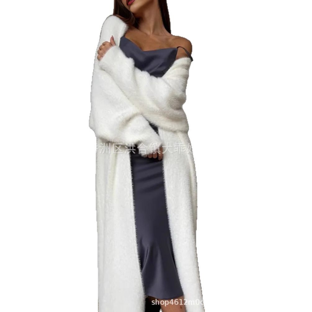 Hl235 White knitted cardigan autumn and winter loose plush fluffy long cardigan