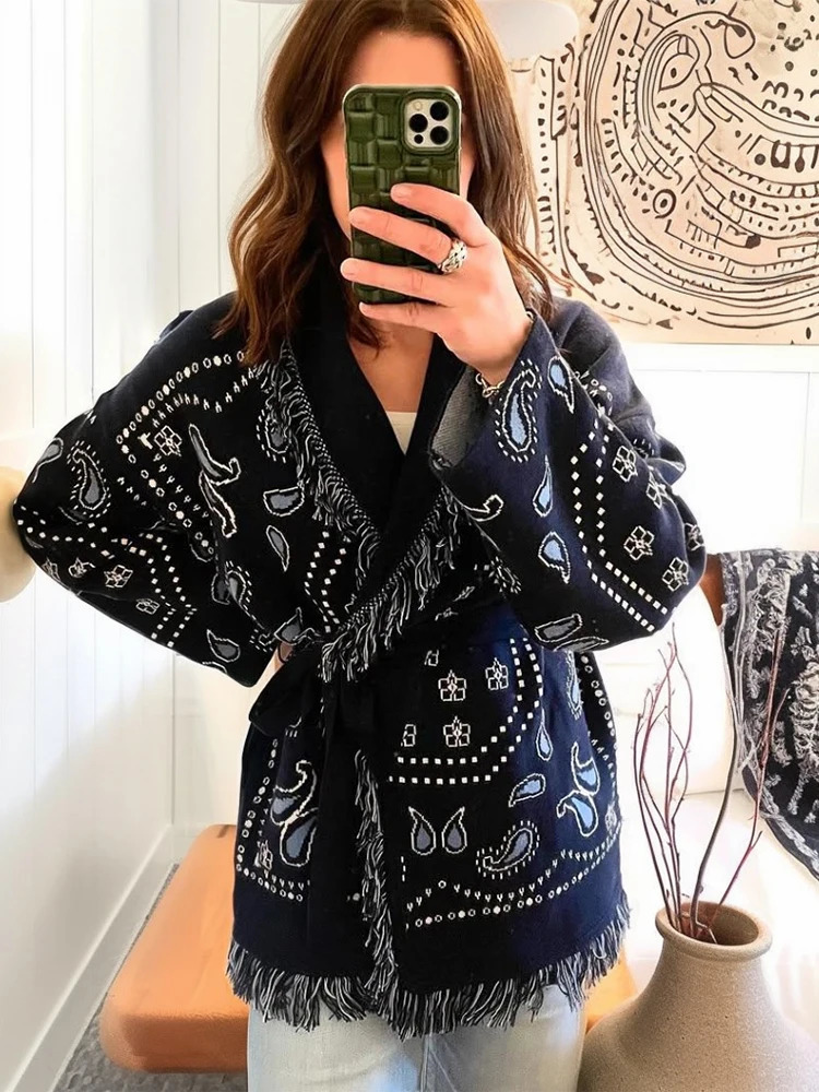 Fashion Printed Tassel Patchwork Cardigan Women Vneck Long Sleeve Loose Sweater Lady Autumn Daily Commute Street Knitwear 251013