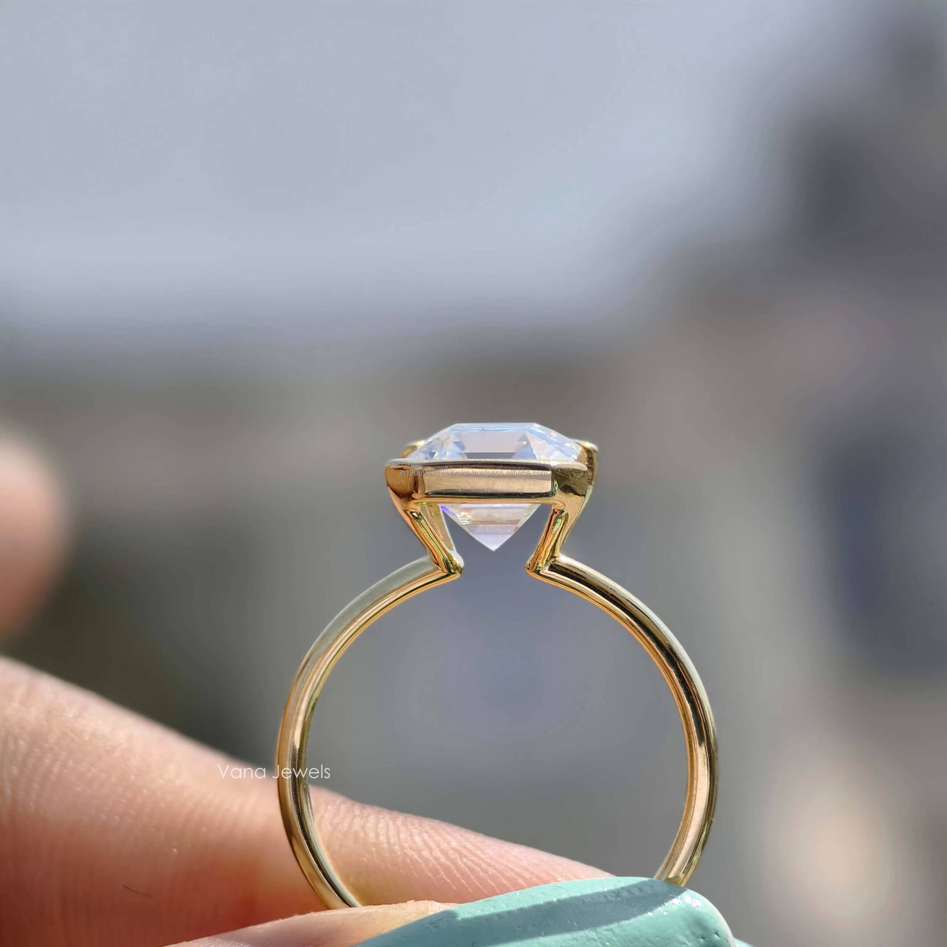Asscher Cut Moissanite Solitaire Engagement Ring in 14K Solid Yellow Gold with Half Bezel Setting wedding or anniversary gift