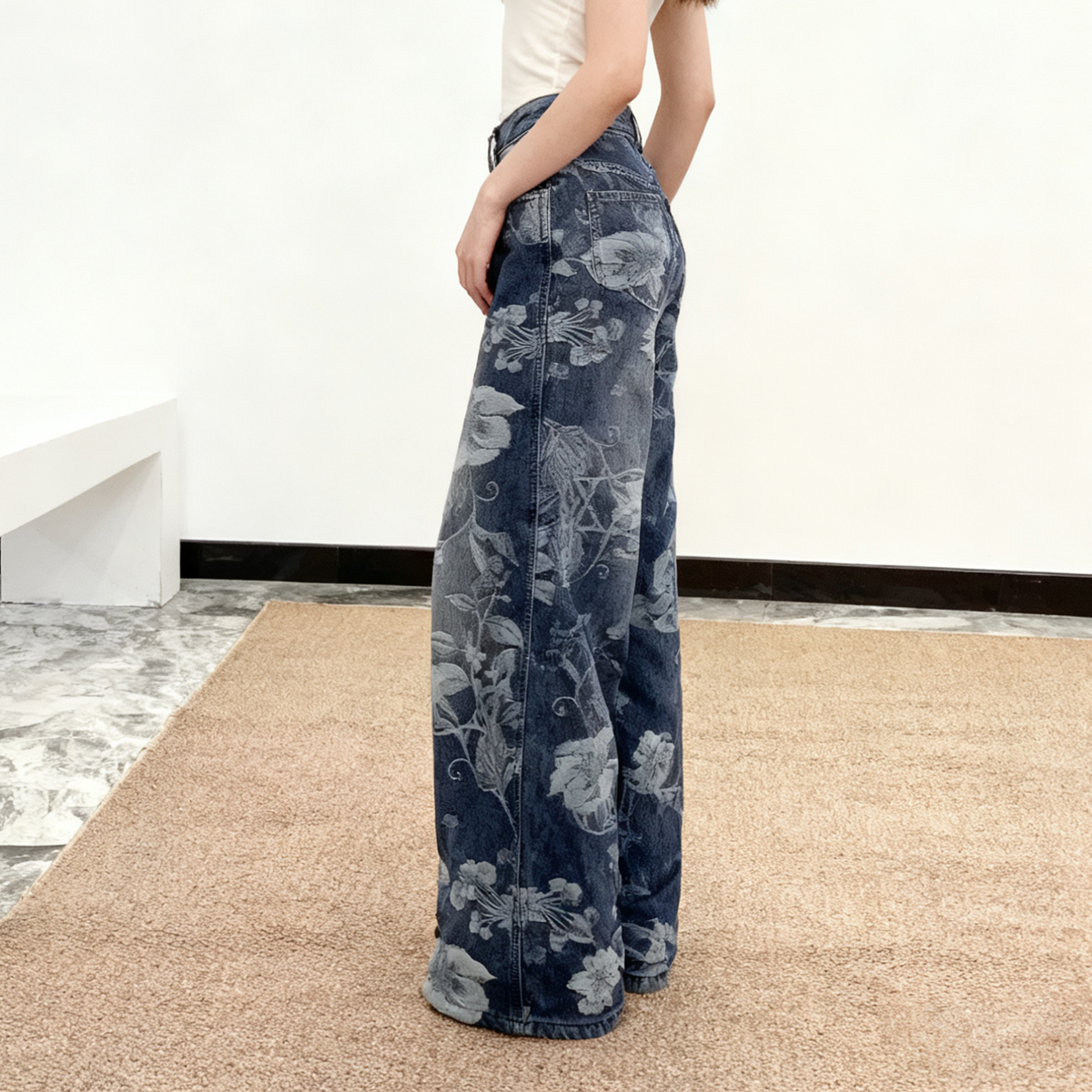 Women's Jacquard Fleece-Lined Loose Jeans - Casual Warm, Comfortable Denim Pants with Floral Pattern, Ideal for Autumn & Winter Daily Wear 2818 Z