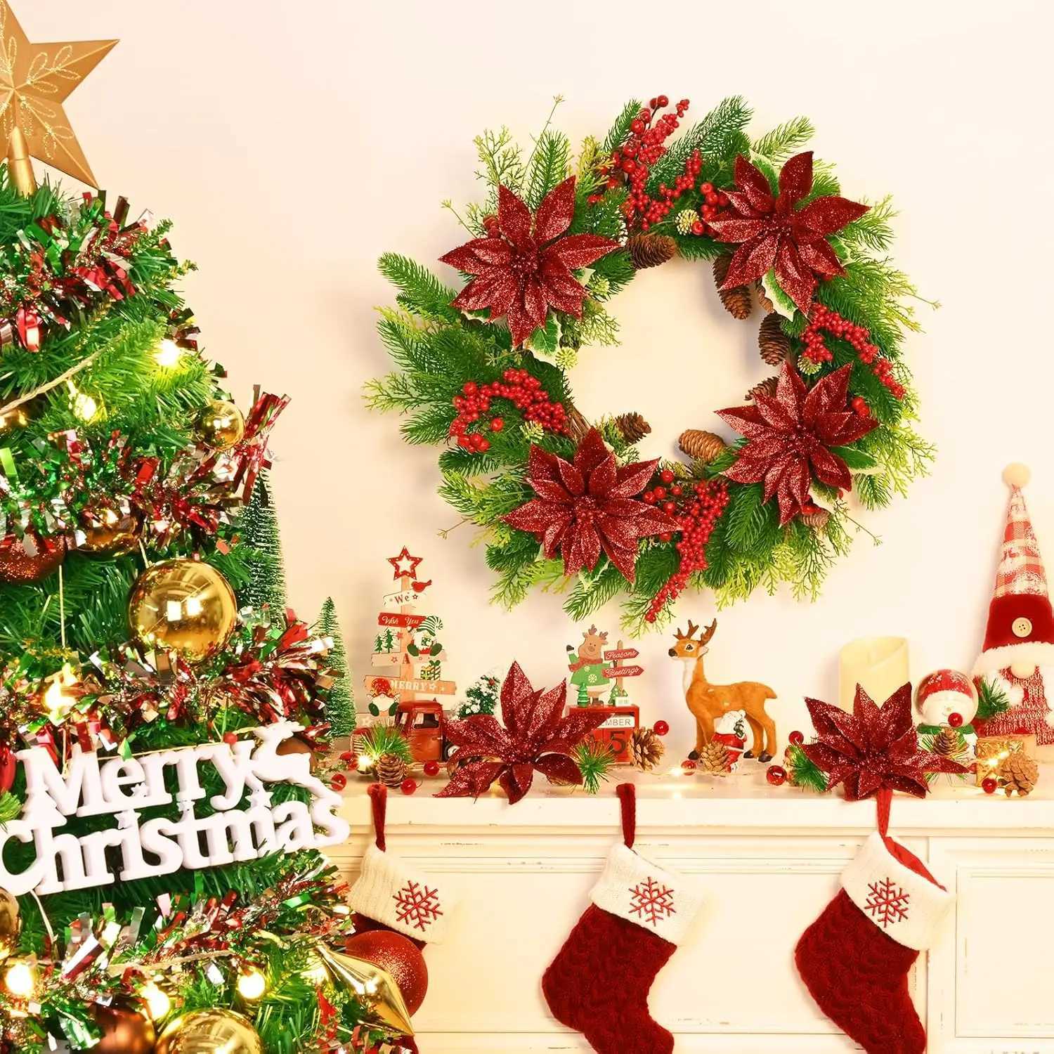 505PCS Christmas Artificial Flowers Xmas Tree Wreath Ornaments Glitter Fake Flower Wedding New Year Party Decoration Gifts C251024
