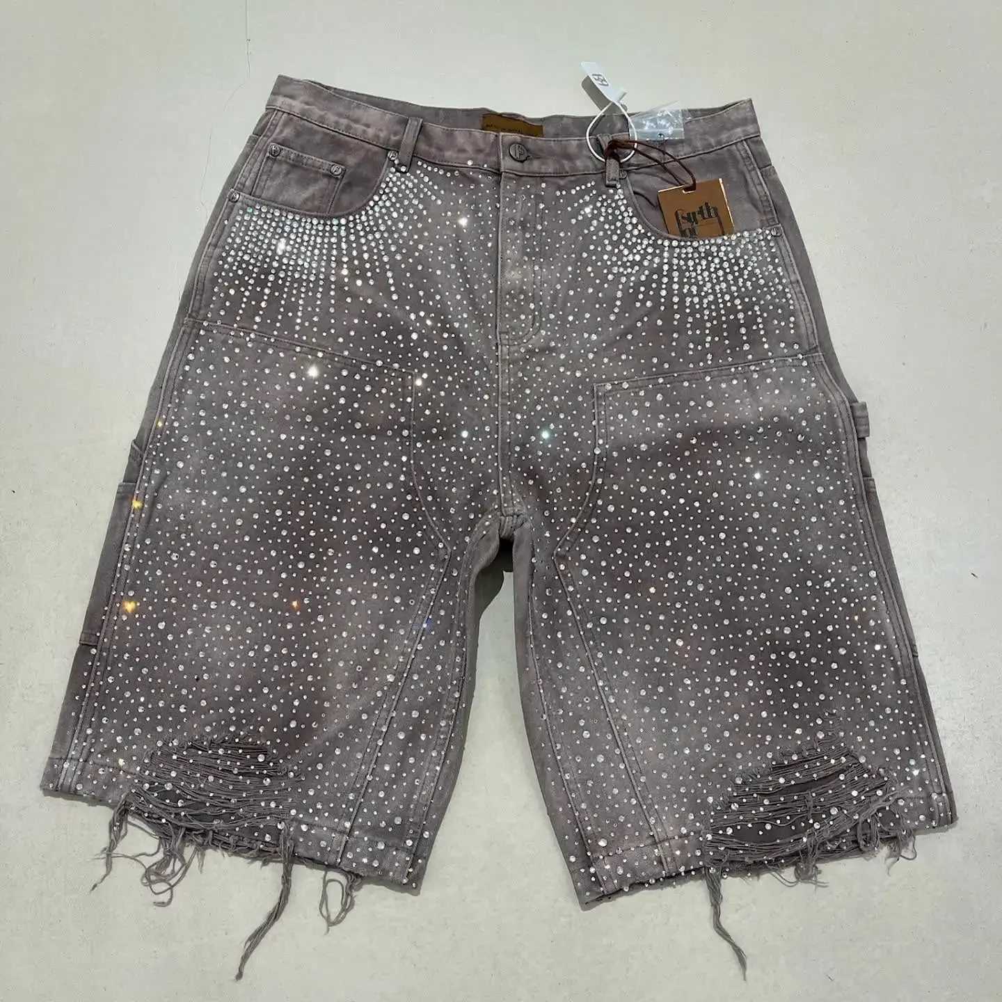 Retro rhinestone sequins denim shorts y2k fashion street couple hip hop fashion sports casual denim shorts American styleXJ251025