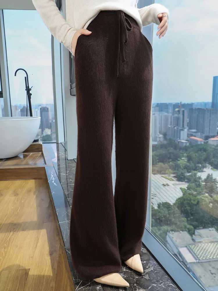 Womens Cashmere Trousers Elastic Waist Wide Leg Pants Autumn Winter 100 Mink Cashmere Knitwear Pockets Casual Drawstring PantsT251025