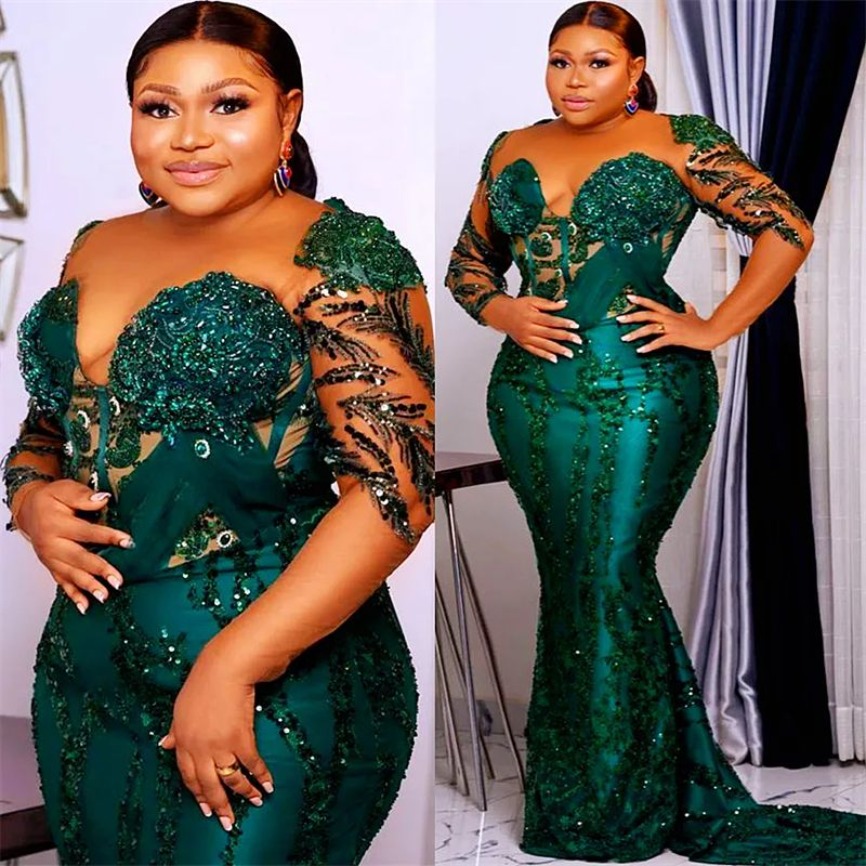 Elegant Mermaid Emerald Green Evening Dresses Sequins Beaded Long Sleeves Glitter Prom Dress Satin Long Mother Of The Bride Dress Women Formal Wear BC