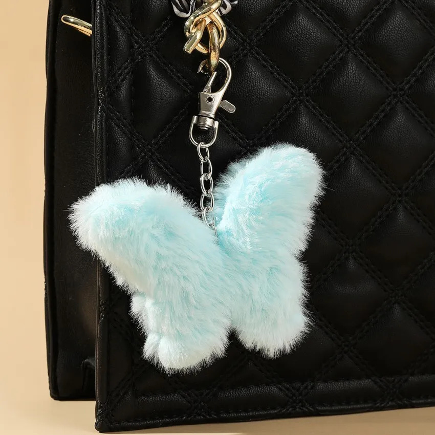 9x11cm Butterfly Fluffy Rabbit Fur Ball Key Chain Cute Pompom Artificial Rabbit Fur Pendent Keychain Women Bag Car Key Ring Gift 251021