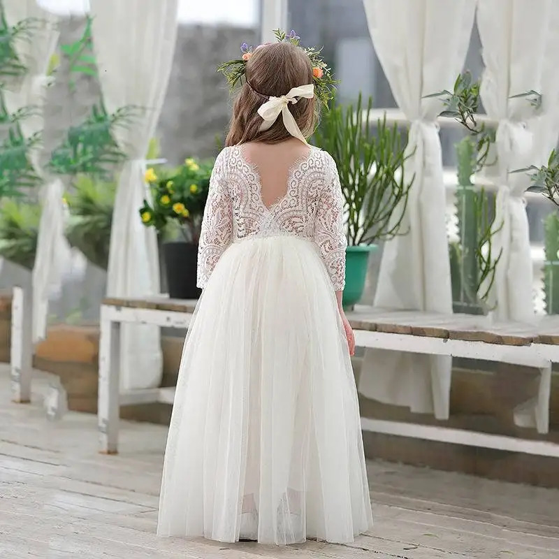 Summer Elegant Flower Girl White Wedding Lace white girl long dress Sleeve Mesh Girl Princess Dress backless girls aged 812 251023