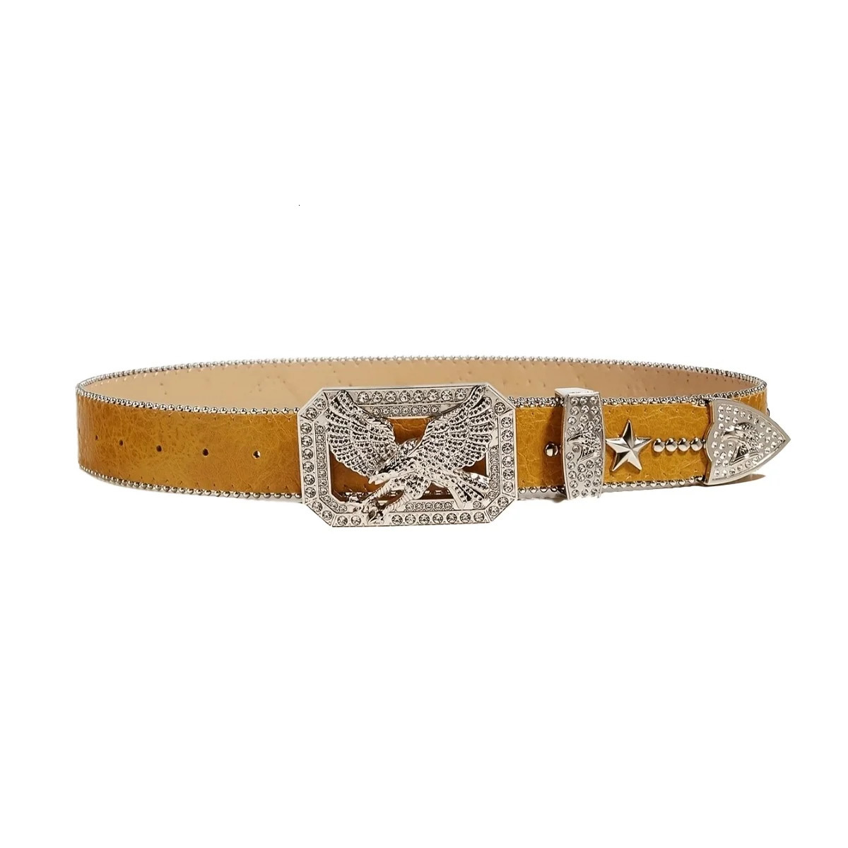 1pc Mens Yellow Y2k Punk Rhinestone Eagle Buckle Rivet Belt Jeans Versatile Decorative Belt 251024