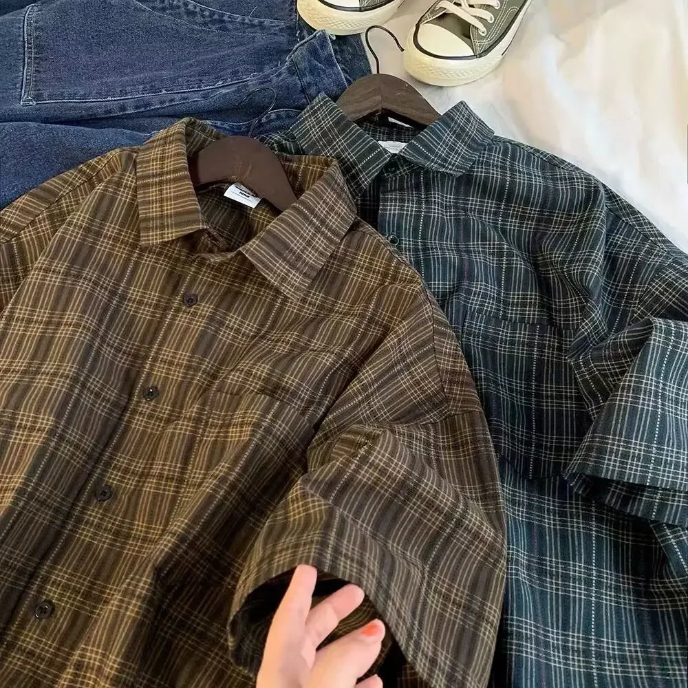 Japanese Vintage Plaid Short Sleeve Shirt Mens Streetwear Loose Fit Highend Feel Casual Stylish Versatile Half Sleeve Jacket 251023