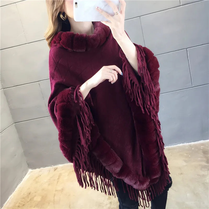 Autumn Winter Rabbit Fur Womens Coat Wool Collar Pullover Shawl Warmth Poncho Capes Red Cloaks 251024
