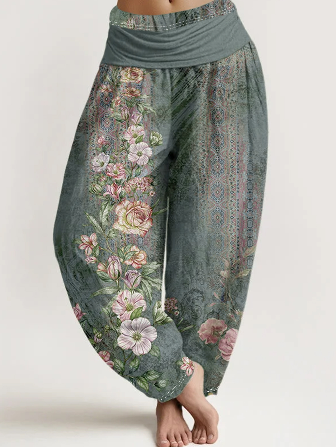 Summer Retro Women's Floral Printed Casual Harem Pants, Milk Silk Small Waist Design Trousers, S-XXL Green---CF53656