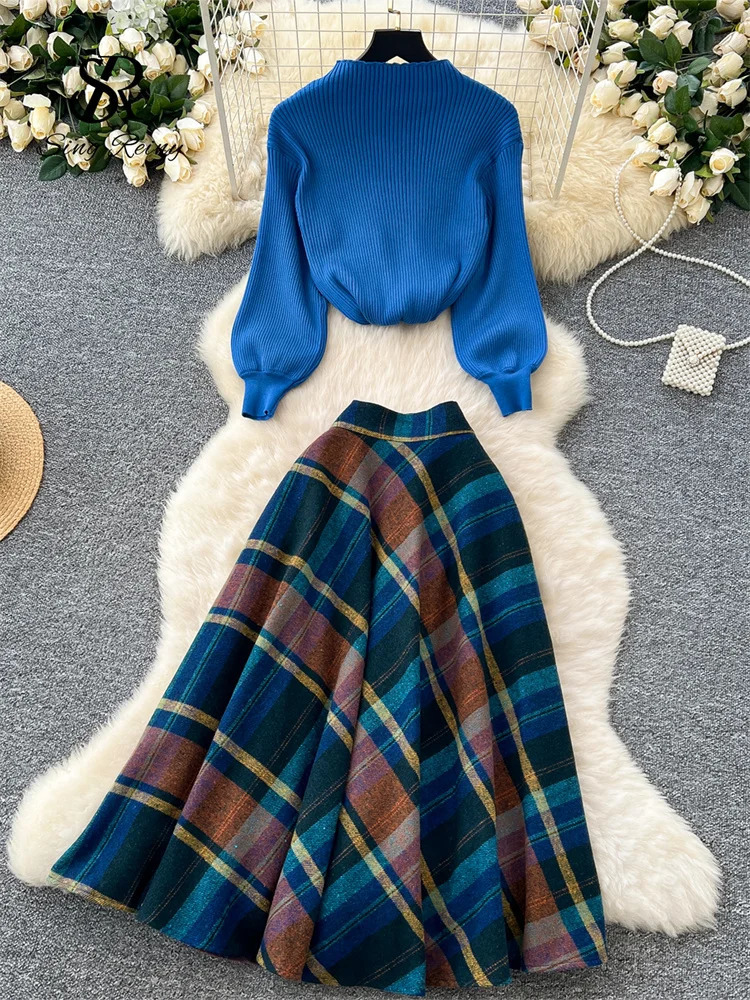 SINGREINY Fashion Spring Knitted Two Pieces Sets Women Loose PulloversPlaid A Line Long Skirt High Street Print Casual Suits 251020