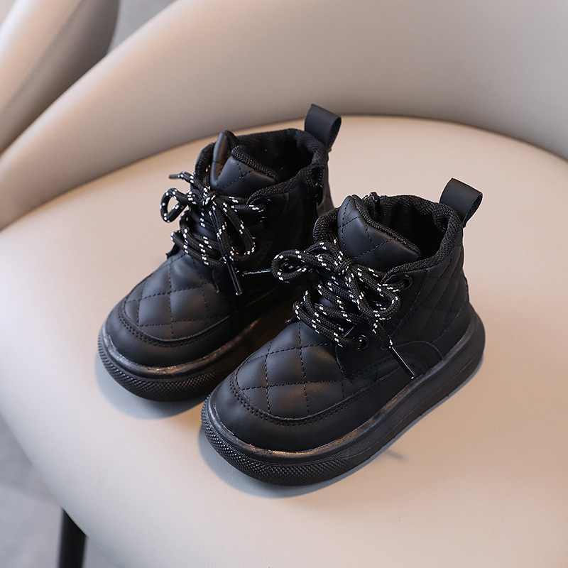 Children's Shoe Designer Autumn/Winter New Boys' Checkered Side Zipper Baby Single Boots Girls' Baby Cotton Boots Warm Shoes